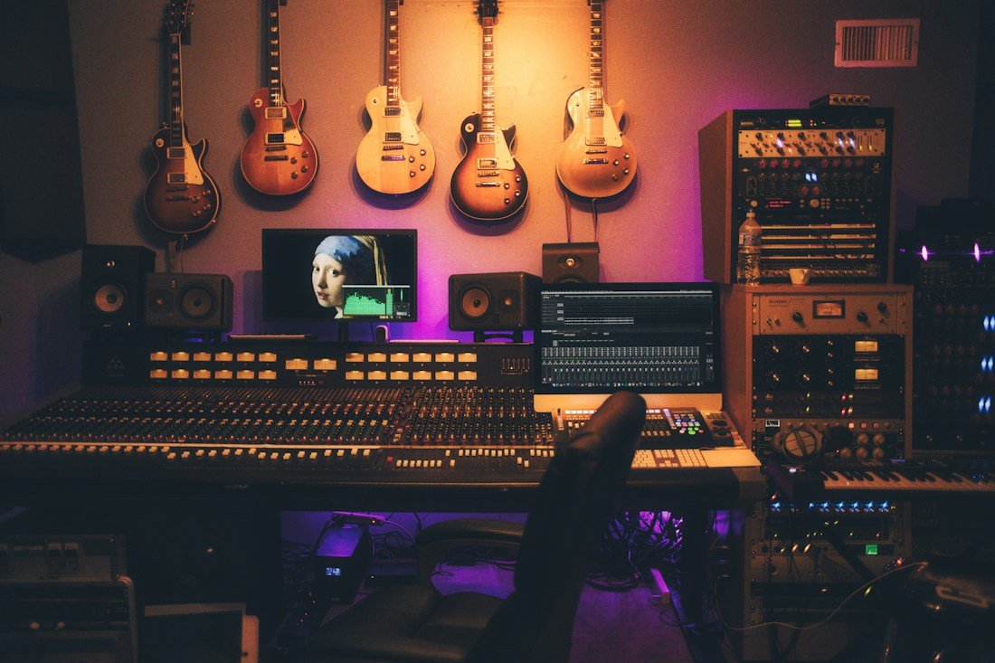 Recording studio with mixing equipment, speakers and amplifiers